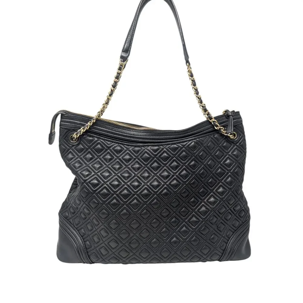 Tory Burch Fleming‎ Black Leather Shoulder Bag Quilted Chain Top Zip